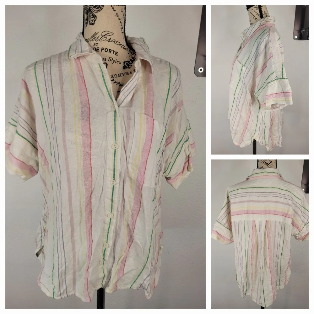 Madewell Sz S Linen Blend Top Button Up Rainbow Striped Multicolor Coastal - Picture 1 of 6